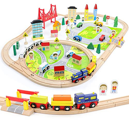 Holzeisenbahn Hölzernes Zugset Holz LKW BAU Spielzeugauto Spielzeug Kinderspielzeug ab 3 Jahre 82pcs DIY Eisenbahn Eisenbahn mit Brücke Kleinkindspielzeug Empfohlen ab 3 4 5 6 Jahren,(MEHRWEG)