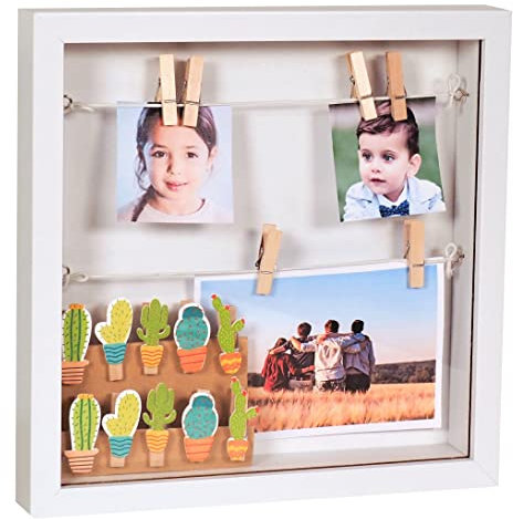 Gadgy 3D Bilderrahmen zum Befüllen - Tiefer Objektrahmen Weiß mit Glas und Klammern, Fotorahmen für Geldgeschenke, Fotos, Souvenirs, und kreative Dekoration - 25x25 cm