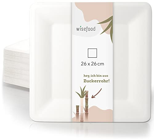wisefood Bagasse Teller, 100 Stk. 26cm quadratische Einmal Zuckerrohrteller, biologisch abbaubar und ohne PLA/PE, ideal als Partyteller oder Speiseteller