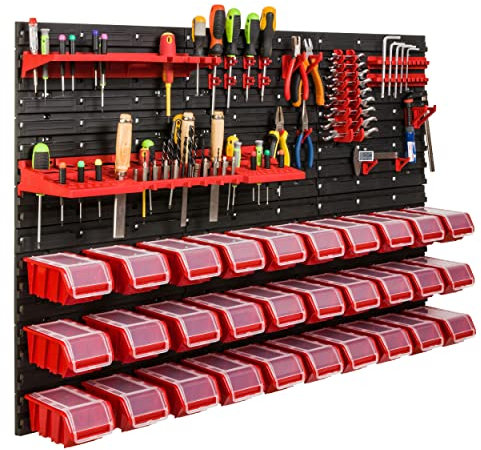 Lagersystem Werkstattregal | 117 x 78 cm | NPKL Wandregal mit Stapelboxen - Wandplatten Extra Starke Schüttenregal Warkzeuglochwand Lagerregal Garage Regal (3)