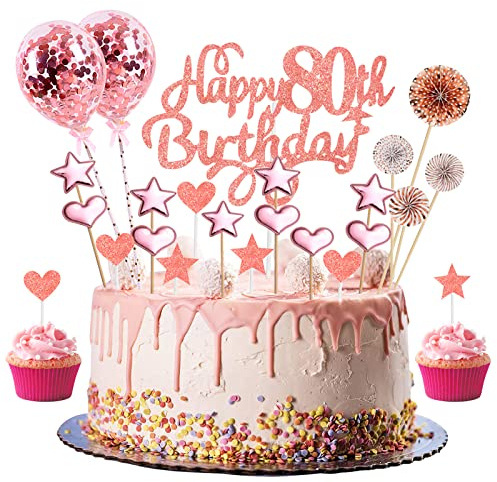 80th Birthday Cake Topper Rose Gold Glitter Happy 80th Birthday Cake Topper Kit with Star Heart Paper Fan Confetti Balloon Cupcake Topper for Women 80 Years Old Birthday Anniversary Party Decorations