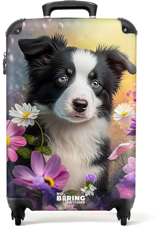 NoBoringSuitcases.com® Kinderkoffer Koffer handgepäck Trolley - Hund - Blumen - Natur - Welpe - Border Collie - Kindergepäck Suitcase Koffer klein, Trolley Koffer 55x40x20