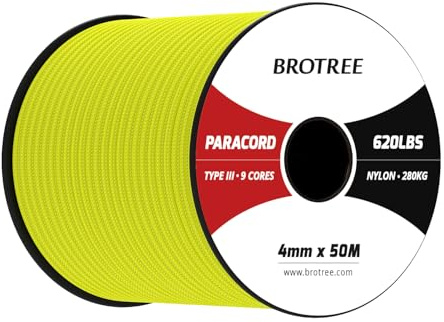 Brotree Paracord 4mm 50M 100% Nylonrep 9 Trådar Sladd Typ III Nylonsnöre för Utomhus, Camping, Hundkoppel, DIY, Armband - 280kg Brottlast (Neongul)