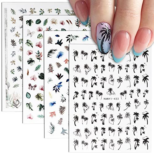 4 Stück Nagelsticker Selbstklebend Sommer Palme Nagelaufkleber Nail Sticker Fingernagel Aufkleber Pflanzen Blätter DIY Nagelkunst