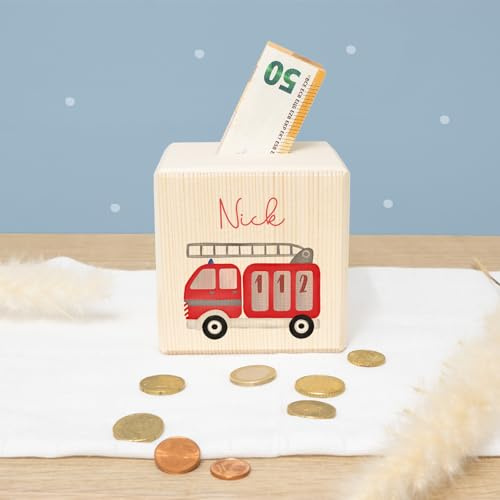 Spardose Personalisiert mit Namen aus Holz - 10x10cm Holzspardose - Geschenk zur Geburt, Geburtstag, Einschulung, Taufe - Sparschwein Aquarell Motiv für Jungen & Mädchen hellomini (Feuerwehr)