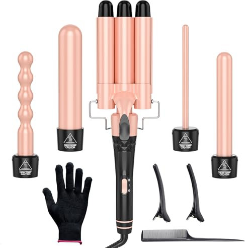 OBVHNUA Ferro Arricciacapelli 5 in 1 Piastra Capelli Onde Beach Waves, Arricciacapelli 3 Tubi, Riscaldamento Rapido PTC, 9-32 mm 5 Intercambiabili Arricciacapelli e 2 Regolazioni della Temperatura