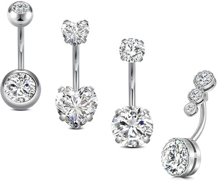 VF VFUN 4Pcs 14G Bauchnabelpiercing Edelstahl Bauchnabelpiercing Belly Bars Silber Bauchnabel Ringe Set CZ Nabel Bars Bauch Piercing Schmuck für Frauen Mädchen