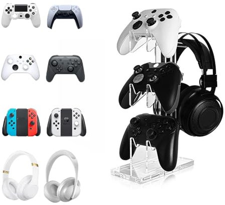 CLKE Support Casque, Support Manette en Acrylique,Support de Casque de Jeu Bureau avec 3 Couches,Organiseur de Rangement pour Accessoire Gaming,Pour Xbox Series,PS4,PS5,Transparent
