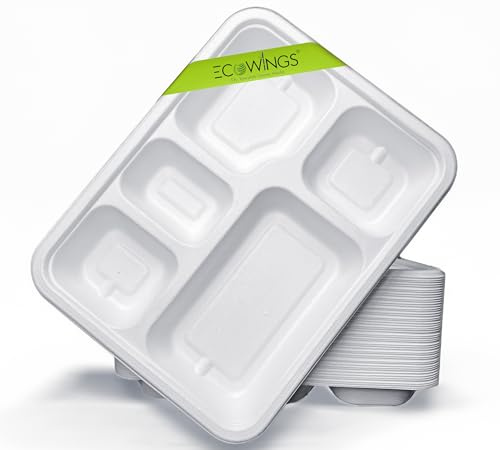 ECOWINGS 5-Compartment Disposable Plates with Deep Pockets - Biodegradable Bagasse Food Trays, (25-Pack) for Versatile and Flavorful Meals | Portion Control Made Easy for Lunches, Picnics & Parties
