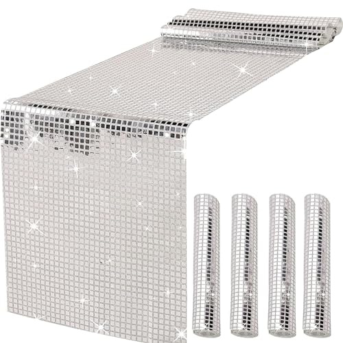 TOOSOAR 4 pcs Camino de Mesa para Fiestas Disco,Camino de Mesa con Purpurina Plateada,para Fiestas Disco años 70-80,Cumpleaños,Bodas,30x180 cm