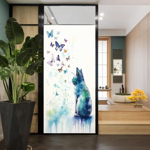 Sichtschutzfolie mit Katzenrückseite, Aquarell, Tier, niedlicher Schmetterling, Katze, Buntglas-Fensterabdeckungen, statisch haftende Fensterfolie für Zuhause, Büro, Geschäfte, 80 x 140 cm (B x L)