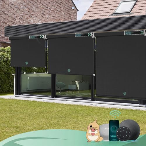 Yoolax Elektrische Außenrollo Senkrechtmarkise Balkonrollo mit Fernbedienung, Kompetibel mit Alexa Google, Sonnenschutz/Wetterfest/Anti-UV Außen Elektrische Rollo für Garten, Nach Maß(Schwarz)