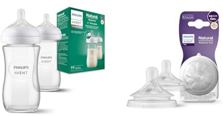 Philips Avent Lot de 2 biberons en verre à Réponse Naturelle – biberon de 240 ml, sans BPA & Avent Lot de 2 tétines pour biberon à Réponse Naturelle 0% BPA, Débit 2 pour Bébé de 0 mois