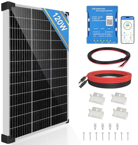 DERUXI Kit de panneau solaire 120 W 12 V : panneau solaire monocristallin 120 W avec contrôleur de charge solaire PWM Bluetooth 20 A 12 V/24 V + câbles solaires + supports en Z pour camping-car