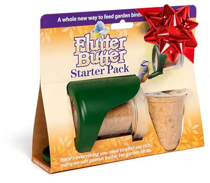 Flutter Butter Starter Pack with 2 Flutter Butter Refills - Peanut Butter for Birds Wild Bird Food - Small Bird Feeder Helps Attract More Birds to Your Garden - Flutter Butter Feeder for EcoRefills