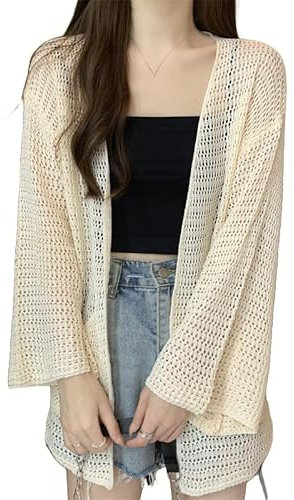 CuLtP Cardigan Donna Elegante Bolero da Donna all'Uncinetto Copricostume da Spiaggia Maniche A Tromba Estive Cardigan Corto con Spolverino Coprispalle in Rete sul Davanti Aperto Giacche Bolero Cappot