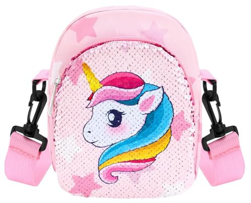 WAWSAM Umhängetaschen für Mädchen mit Einhorn-Motiv, kleine Umhängetaschen für Kinder, glitzernde Pailletten-Umhängetaschen mit verstellbaren Riemen für kleine Mädchen, täglicher Gebrauch
