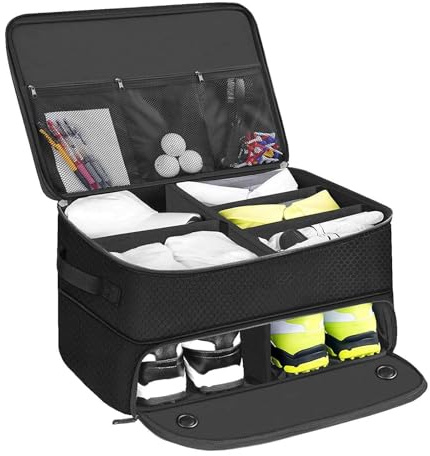 Golf-Schuhtasche, schwarze Golf-Schuhtaschen für Herren, Golf-Zubehör-Organizer, 3 Ebenen, Golfausrüstung, Schließfach, Schuh-Organizer mit separatem Fach für 2 Paar Schuhe, Kofferraum-Organizer für