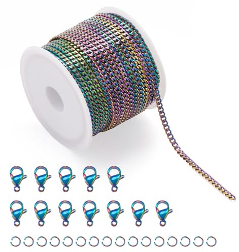 PandaHall 5m Stainless Steel Curb Chains Rainbow Color Soldered Twist Link Chains with Lobster Claw Clasps Jump Rings for Bracelet Necklace Jewelry Making