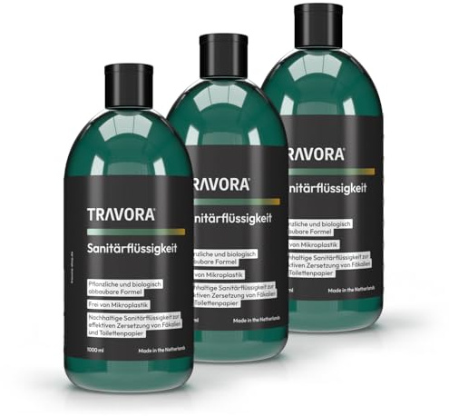 TRAVORA Sanitärflüssigkeit für Campingtoilette - biologisch abbaubarer Toilettenzusatz Wohnmobil 3x 1L - Sanitärzusatz für effektive Zersetzung von Fäkalien und Bekämpfung unangenehmer Gerüche