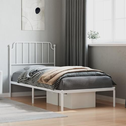 Iiaky Bettgestell mit Kopfteil Metallbett Bed Frame Bettgestell Bettrahmen Kopfteil Bett Tagesbett Metall Weiß 90x190 cm - 373928