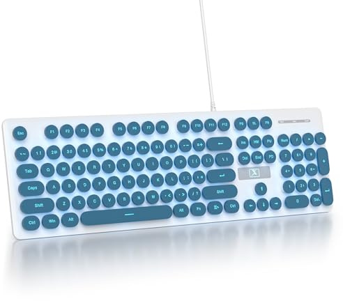 SbocKeeb Clavier Filaire Machine à écrire Style, 104 LED Clavier Rétroéclairé Membrane Américaine QWERTY avec Touches Rondes pour Ordinateur/PC/Ordinateur Portable/Windows V300-Blue