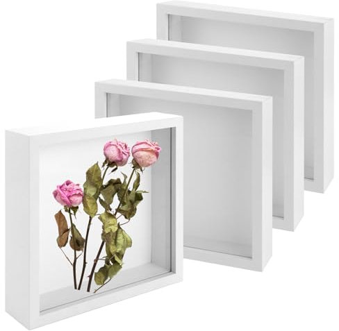APACALI 4 Stück 3D Bilderrahmen Tief zum Befüllen, 20x20CM Bilderrahmen Objektrahmen, Tiefer Rahmen für Objekte, 3D Rahmenmit Glas Rahmen Transparente, Weiß Objektrahmen zum Befüllen für Deko Wand