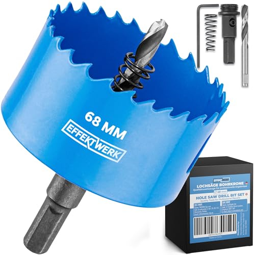 EffektWerk - Hole Saw Drill Bit - 68mm - Includes 3 Centre Drills, Hex Key & Drill Adapter - Heavy-Duty High Speed Steel for Soft Wood, Plasterboard & PVC