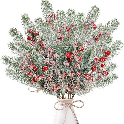Pack of 6 Artificial Berry Stems Snow Frosted Artificial Pine Branches Holly Berries Table Decoration Christmas Advent Wreath Pine Cones Decorative Wreaths Arrangements Autumn Party Flower Arrangement