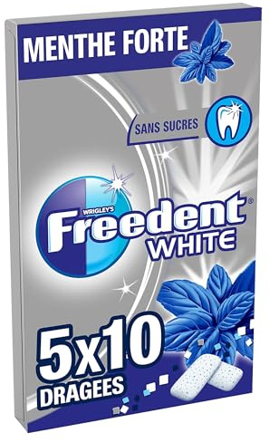 FREEDENT WHITE - Chewing-Gum Menthe Forte - Sans Sucres - 5 x 10 dragées - 70g (Lot de 10)