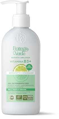 Bottega Verde - Vitamina B3+, Gel detergente viso, 200 ml, con Vitamina B3 e Bergamotto, Azione Purificante, Uniformante e Normalizzante, per Pelli Miste o Grasse