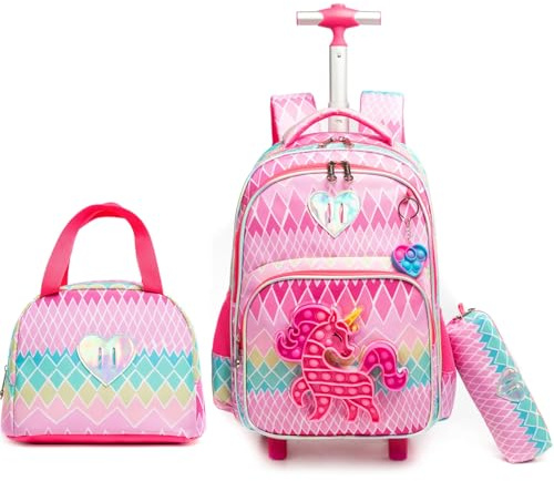 Egchescebo Kinder Rolling Unicorn Rucksack für Mädchen Gepäck Koffer mit Rädern Trolley gerollt POP Roller Rucksäcke für Elementary Travel School Bags 17“ 3PCS Spielzeug Rucksack mit Lunch-Box Rose