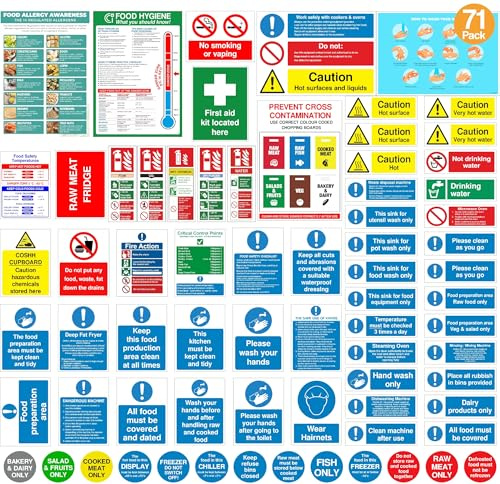 Rubigo Complete Kitchen Safety Signs Set – 71 Self Adhesive Waterproof & Heat-Resistant Stickers – ISO 7010 Compliant – Commercial Kitchen Use – Food Hygiene, Allergy, Fire Action – Bold & Clear (71)