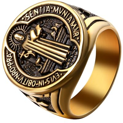 OIDEA Bague avec sceau de Saint Benoît en acier inoxydable avec sceau catholique, amulette d'exorcisme avec croix, bijou religieux, cadeau pour homme, pour commémorer un usage quotidien, #12(67mm)=