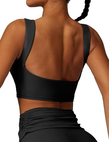 SEAUR Sporttoppar damer rygglös ärmlös crop top vadderad sportskjorta gym yoga fitness löptröja tajt magfri t-shirt mjuk stretch S-XL, svart, M
