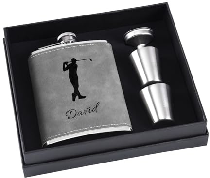 Personalisiertes Flachmann-Geschenk-Set für Herren, 237 ml, 304 Edelstahl, graviert, mit Golf-Symbol, individueller Flachmann für Männer, Geschenke (grau)