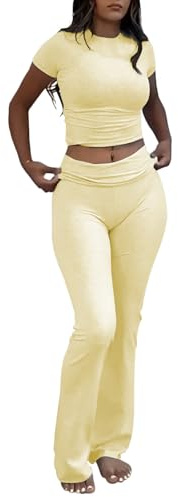 ZFLM Casual Workout Two Piece Outfits for Women Short Sleeve Crop High Waist Foldover Flare Pants Tracksuit Sets Streetwear