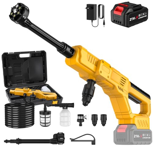 Hidrolimpiadora a Batería, MAX 50 Bar Pistola de Agua a Presión con Motor en Cobre Puro 300W, Boquilla 6 en 1, 1 x 3,0Ah Batterie, Ideal para Limpieza de Coches y Exteriores