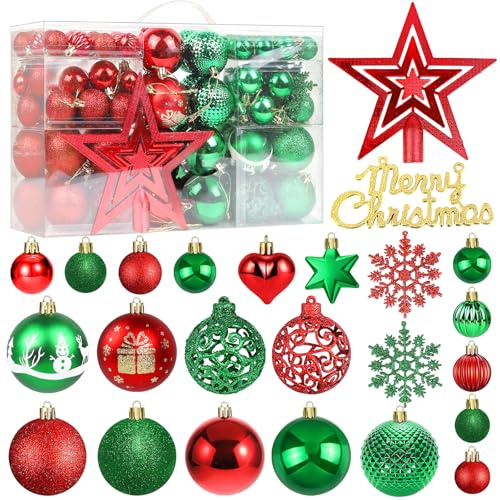 Weihnachtsbaumkugeln Ornamente Set, 101 Stück Weihnachtsbaum Dekorationen Christbaumkugeln mit Kugeln,Sterne,Schneeflocken Dekoration Weihnachten,Urlaub,Hochzeit, Party Dekorationen (Rot und Grün)