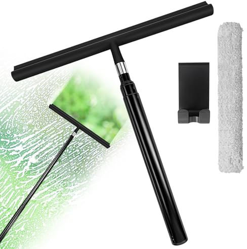 Duschabzieher Schwarz mit Teleskopstiel (33-107cm) Fensterabzieher, Fliesen mit Haken, Ersatzgummi, Mikrofasertuch Flitsche, Duschwandabzieher, Kalkentferner Dusche Stark & Bodenabzieher