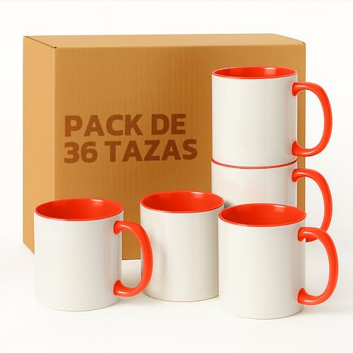 LA MENTE ES MARAVILLOSA - Tazas de Cerámica para Sublimación【Pack de 36】 11 oz/330 ml - Regalo Original | 8x10 cm | Ideales para Café, Té e Infusiones, Aptas para Microondas (Blanco/Naranja)