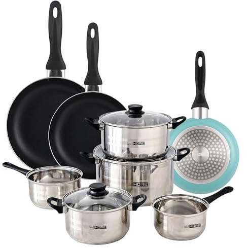 Urban Cook Set de Batería de cocina de 8pc en acero inoxidable + 3 Sartenes Ø16Ø20Ø24cm Azul mate en aluminio prensado