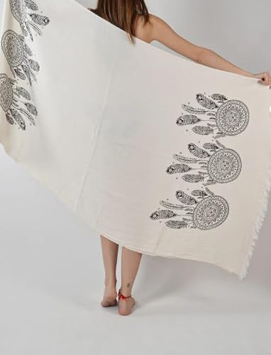 Turkish Cotton Dreamcatcher Print Peshtemal, White Muslin Hammam Towel, Lightweight Quick Dry Beach Throw, Boho Style (dream catcher)