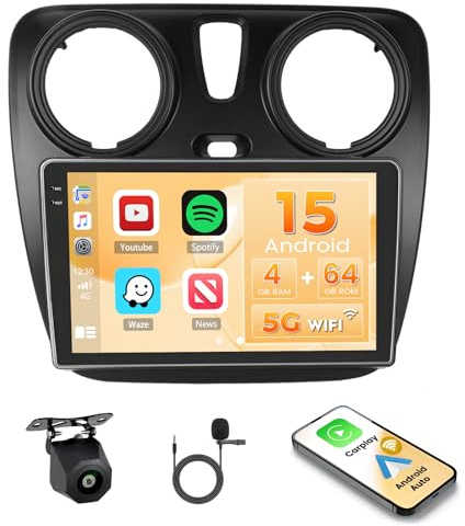 Hikity 4G+64G Android 15 Autoradio 9 pour Renault Lodgy CarPlay | Aussi pour Dacia Dokker. Wireless CarPlay. Android Auto. WiFi. FM/RDS. BT. Caméra + MIC