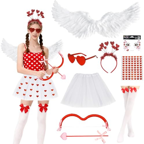 Juego de 8 accesorios para disfraz de Cupido, flecha y arco, alas de ángel, gafas de corazón, tatuaje facial, diadema, pegatinas, falda de tul blanca, calcetines blancos hasta la rodilla con lazo rojo