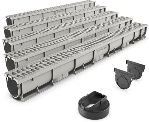 VODALAND - Canaleta de Drenaje Easy 1 con Rejilla de Plastico color GRIS - Kit de 5 Metros | Drenaje Eficiente y Estético para Jardines, Terrazas y Áreas Exteriores | Solución Perfecta para tu Espacio