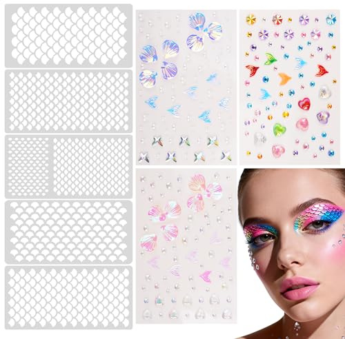 8 stycken sjöjungfrusmink, kvinnor, fiskfjällsschjul, mallar med glitterstenar, självhäftande strasstenar, sjöjungfrur, kostym, tillbehör för karneval, kostym, makeup, karneval, målarmall för målning