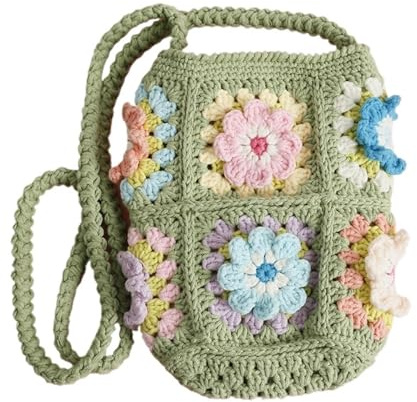 SFOIKVG Borsa uncinetto Borsa a tracolla da donna con fiori all'uncinetto, quadrata della nonna, borsetta fatta a mano per le Vacanze Giornaliere(Green)
