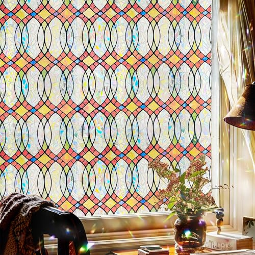 Fensterfolie Blickdicht Selbsthaftend, Sichtschutzfolie Fenster Innen Statische Fensterfolie ohne Kleber, Fenster Folie Blickschutz für Bad Kinderzimmer,Bernsteinfarbenes Leuchten, 44X200CM