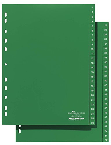 Durable Zahlenregister aus Kunststoff, A4 hoch, volldeckend, Universallochung, mit zwei Abläufen, 1-52, grün, 615705